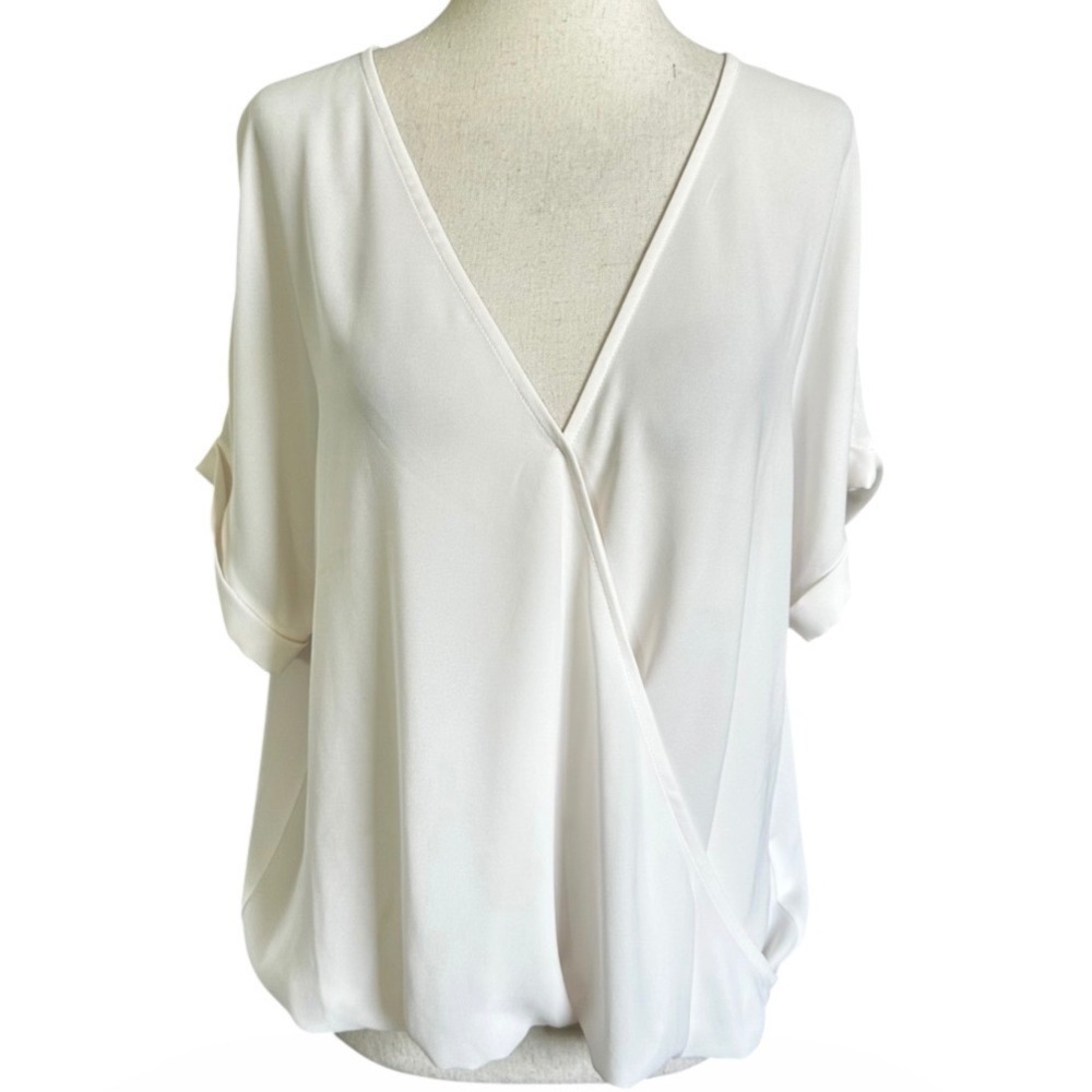 Lush Womens Pink White Surplice Short Sleeve High Low Blouse Top Size M | 0139